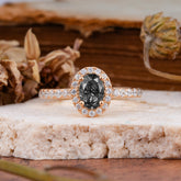 1 Carat Oval Cut Classic Black Rutilated Quartz Ring Half Eternity Band Halo Ring